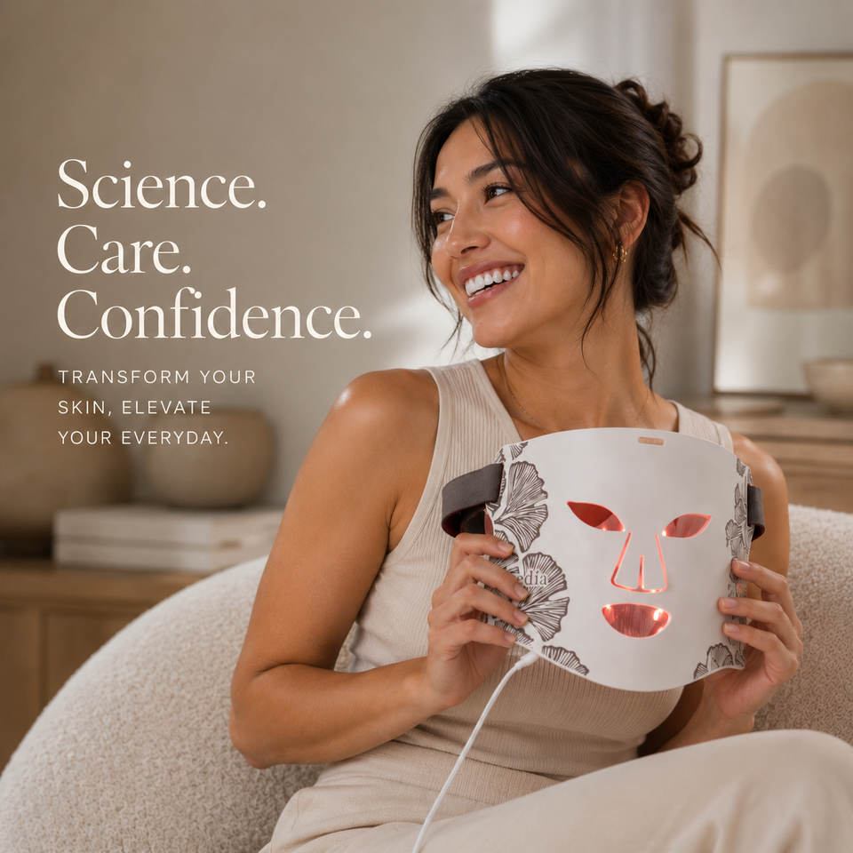 Woman using the Evedia LED mask — professional technology