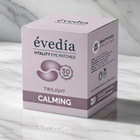 Twilight Vitality Eye Patches box in soft lilac, on a white marble surface