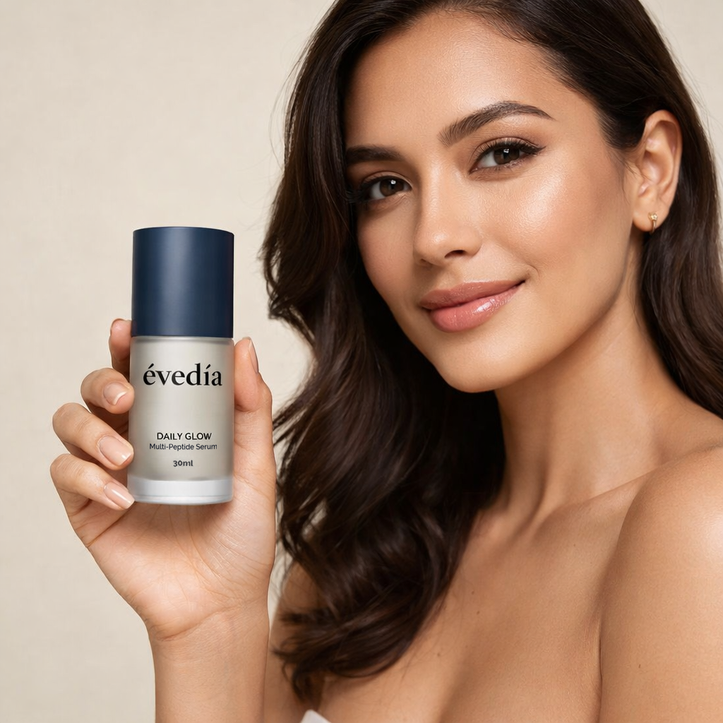 A person pressing the Evedia Daily Glow Multi-Peptide Serum into the skin