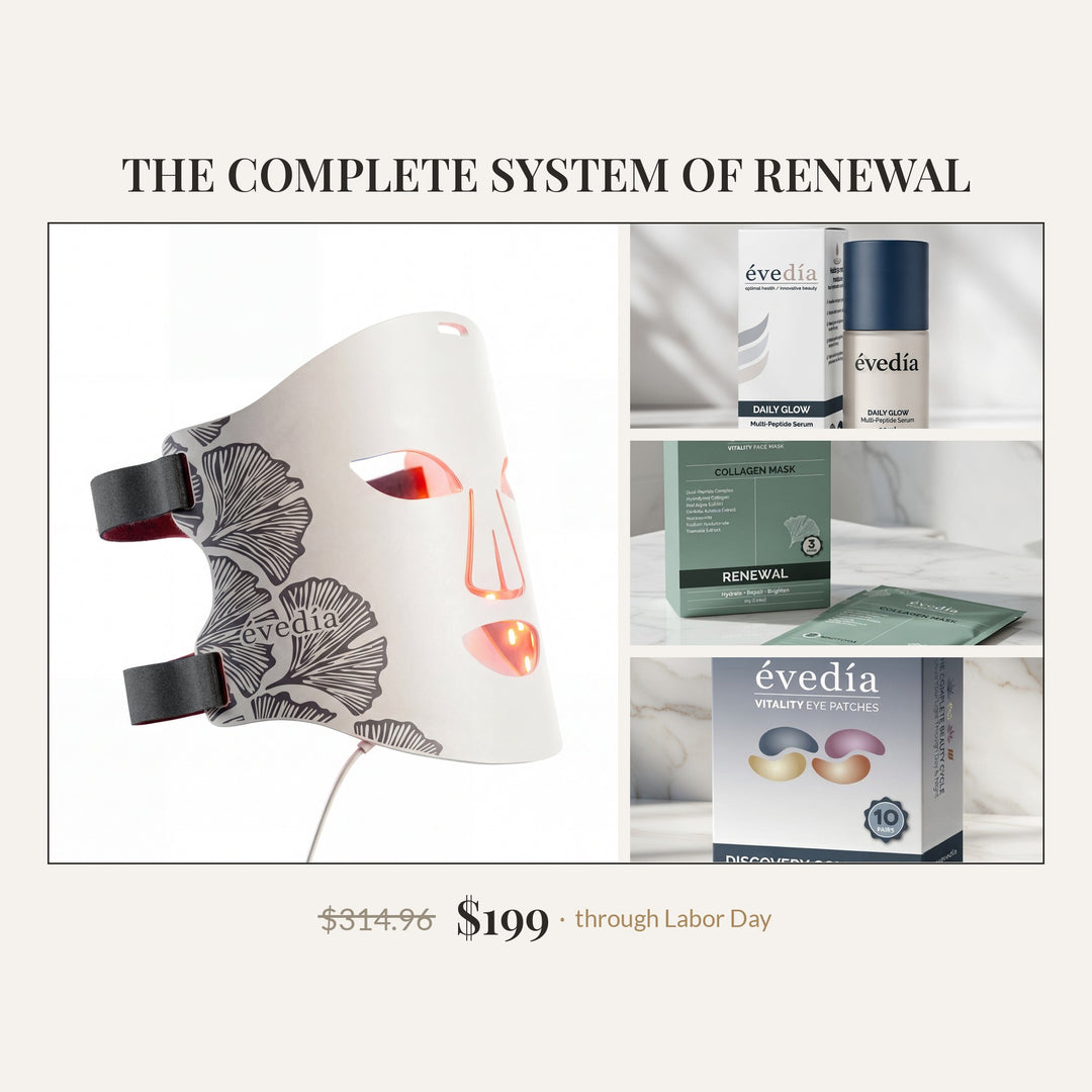 The Complete System of Renewal — ION LED mask, DAILY GLOW serum, Collagen Renewal Mask, and Discovery eye patches. $314.96 value, $199 through Labor Day.