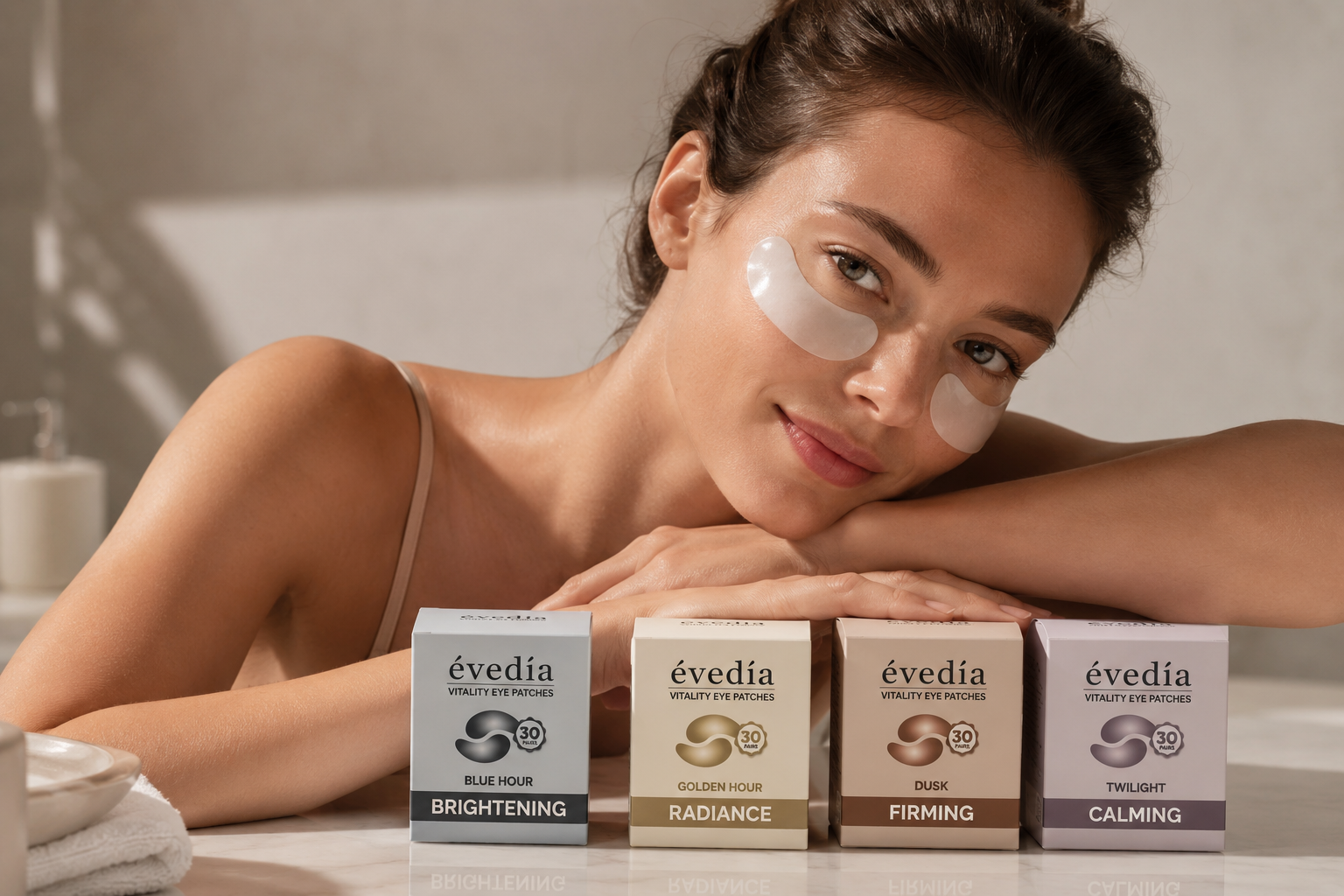 Model wearing Evedia vitality eye patches beside the full range