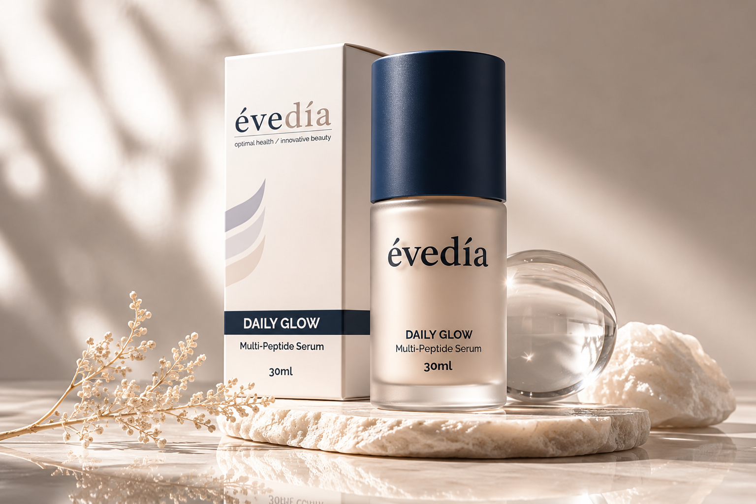 Evedia Daily Glow multi-peptide serum beside its carton